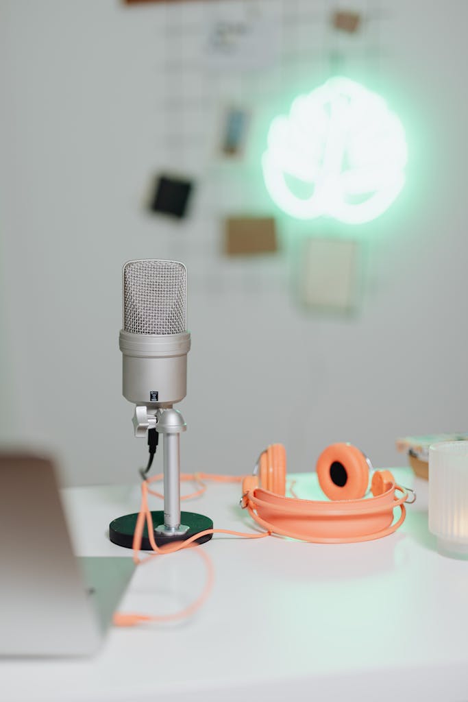 Simple home audio setup featuring a microphone, headphones, and soft lighting for creative projects.